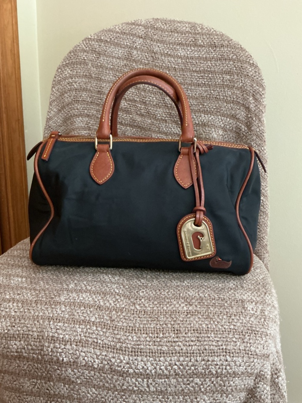 Dooney & Bourke Black Nylon Satchel with Brown Leather Trim